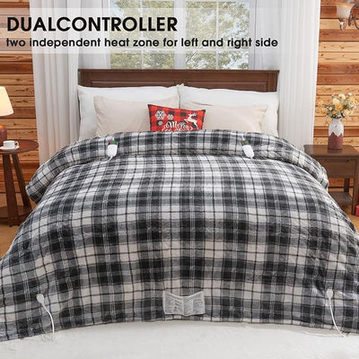 OCTROT Heated Electric Blanket Queen Size, 84X90 Heating Blanket Queen with Dual Control&10 Heats Levels&Timer for Bed,Black Plaid Sherpa Large Blankets Warmer Gift for Grandma Women Adults, Washable