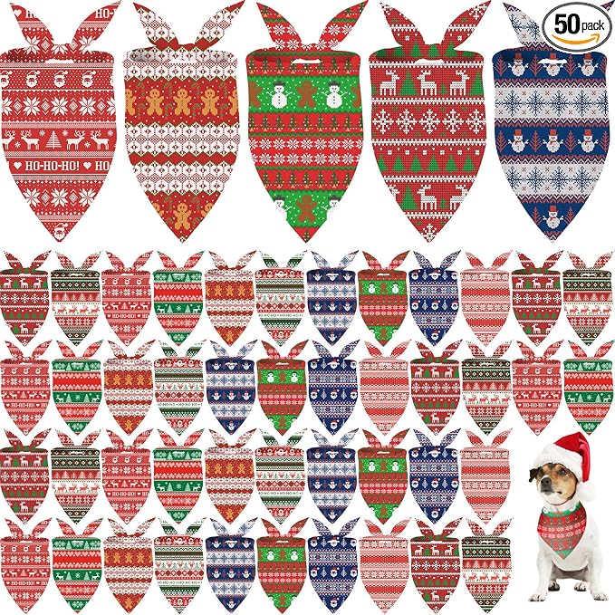 50 Pcs Christmas Bandanas for Dogs Xmas Bandanas Bulk with Ugly Sweater Patterns Soft Bibs Adjustable Triangle Doggie Scarf for Small Medium Large Pet (25.6 x 17.7 x 17.7 Inch)
