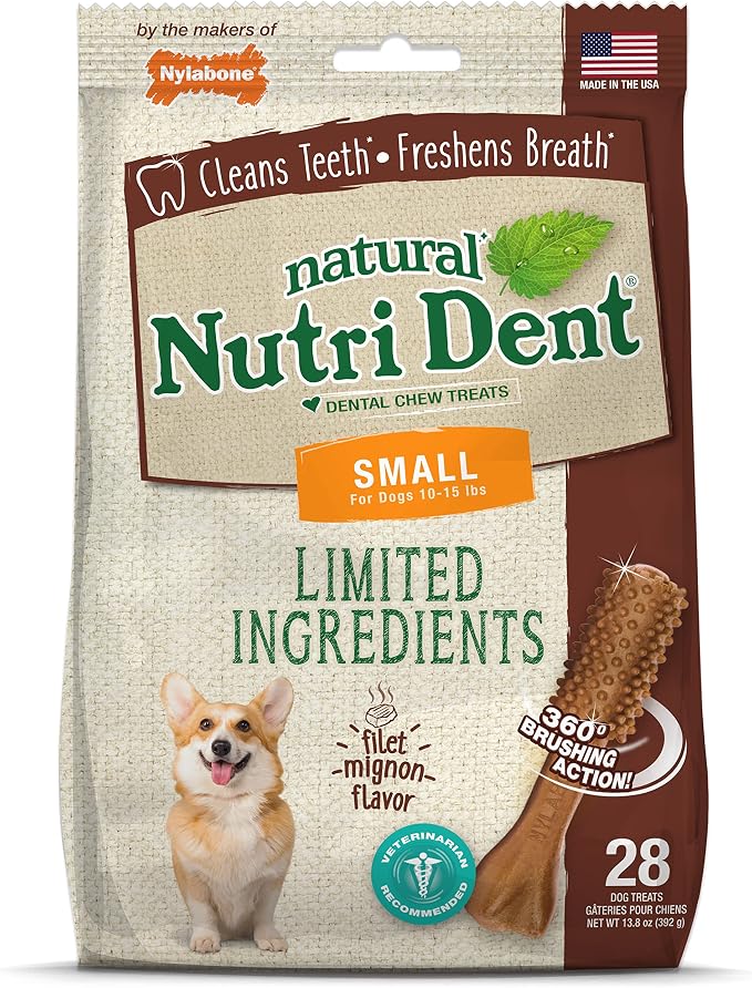 Nutri Dent Dog Dental Chews - Natural Dog Teeth Cleaning & Breath Freshener - Dental Treats for Dogs - Filet Mignon Flavor, Small (28 Count)