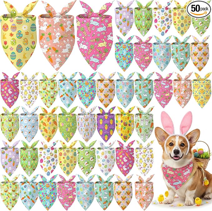 50 Pcs Easter Dog Bandanas Bulk Bunny Egg Carrot Bandanas for Dogs Triangle Kerchief Bibs Scarf Set for Pet Easter Costume Photo Props Accessories Pet Shops, 25 Styles (25.6 x 17.7 x 17.7)