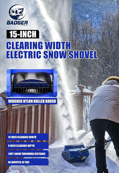Wild Badger Power 40V Cordless Snow Shovel, 12" Brushless, 20 FT Throw, 8" Depth, 4.0Ah Battery & Fast Charger Included, for Steps, Porches, Walkways & Driveways