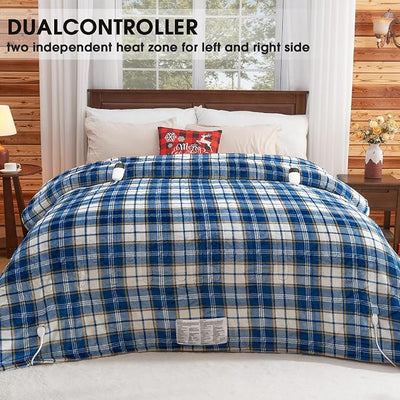 Heated Electric Blanket Queen Size, 84X90 Heating Blanket Queen with Dual Control&10 Heats Levels&Timer for Bed,Blue Plaid Sherpa Soft Blankets Warmer Gift for Grandma Women Adults, Washable