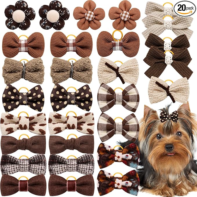 20pc Brown Small Dog Hair Bows - Mix Holiday Dog Hair Bows for Yorkie Puppies, Top Knot for Daily Use
