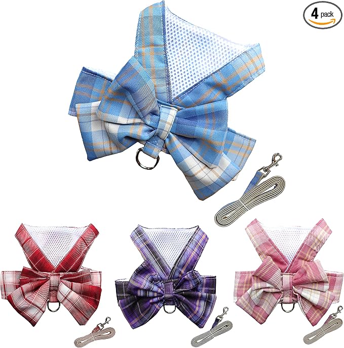 Plaid Dog Dress Bow Tie Harness Leash Set,Dog Clothes Harness Dress with Leash Ring for Small Dogs Girl, Puppy Princess Rabbit Clothes Chihuahua Yorkies Pet Outfits (Blue, X-Large)