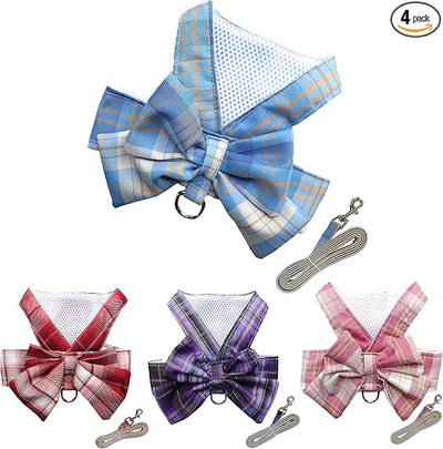 Plaid Dog Dress Bow Tie Harness Leash Set,Dog Clothes Harness Dress with Leash Ring for Small Dogs Girl, Puppy Princess Rabbit Clothes Chihuahua Yorkies Pet Outfits (Blue, X-Small)