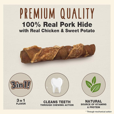 Cadet Gourmet Triple Chews Long-Lasting Pork Hide Sticks with Sweet Potato and Chicken, Healthy Dog Treats for Small & Large Dogs, 6 Count (Pack of 2)