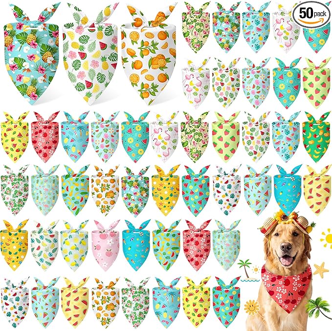 50 Pieces Summer Themed Dog Bandanas Bulk Hawaiian Dog Bandanas for Pets Triangle Kerchief Scarf Bibs Set for Summer Pets Dogs Party Costume Accessories, 25 Styles (31.5 x 21.7 x 21.7)