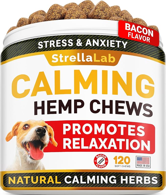Hemp Calming Chews for Dogs Anxiety Relief - Made in USA w/Hemp Oil - Dog Training & Behavior Aid - Natural Stress Relief During Firework, Storm, Separation, Barking - 120 Treats