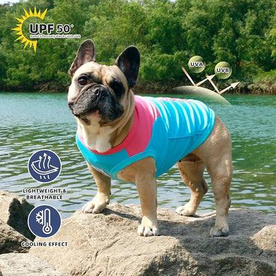 iChoue French Bulldog Summer Cooling Shirt for Dogs UV Sun Protection Vest Sleeveless Breathable Tank Top English Pug Turquoise Rose - XXLarge