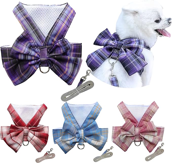 Plaid Dog Dress Bow Tie Harness Leash Set,Dog Clothes Harness Dress with Leash Ring for Small Dogs Girl, Puppy Princess Rabbit Clothes Chihuahua Yorkies Pet Outfits (Purple, Medium)