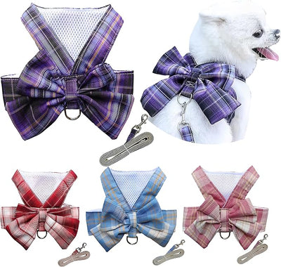 Plaid Dog Dress Bow Tie Harness Leash Set,Dog Clothes Harness Dress with Leash Ring for Small Dogs Girl, Puppy Princess Rabbit Clothes Chihuahua Yorkies Pet Outfits (Purple, Medium)