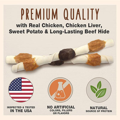 Cadet Gourmet Shish Kabob Dog Chews for Large Breeds, Rawhide Treats For Dogs with Chicken and Sweet Potato, Healthy & Natural Beef Hide, 10-Inch Sticks, 2 Count