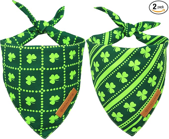 Realeaf St. Patrick's Day Dog Bandanas 2 Pack, Reversible Green Shamrock Pet Scarf for Boy and Girl, Premium Durable Fabric, Holiday Bandana for Small Medium Large and Extra Large Dogs (Small)