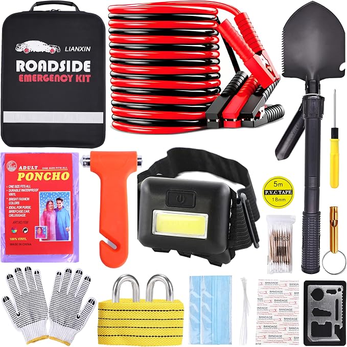 Car Emergency Kit, Roadside Safety Kit with Jumper Cables, Safety Hammer | Gifts for New Drivers Headlamp, folding shovel, tow strap, gloves included, for travel, and roadside emergencies Women, Men