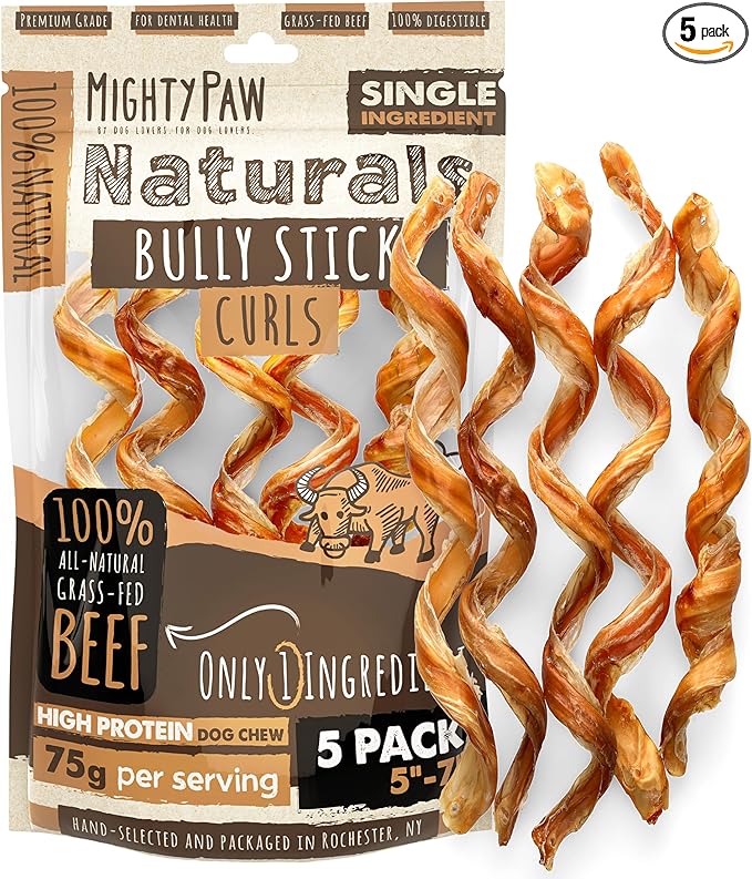 Naturals Curly Bully Sticks for Dogs - Grass Fed Beef Chews. Bully Sticks for Large Dogs, Medium, Small Breeds. Lower Odor Treats for Small Pets. Single Ingredient 6” - 5 Pack