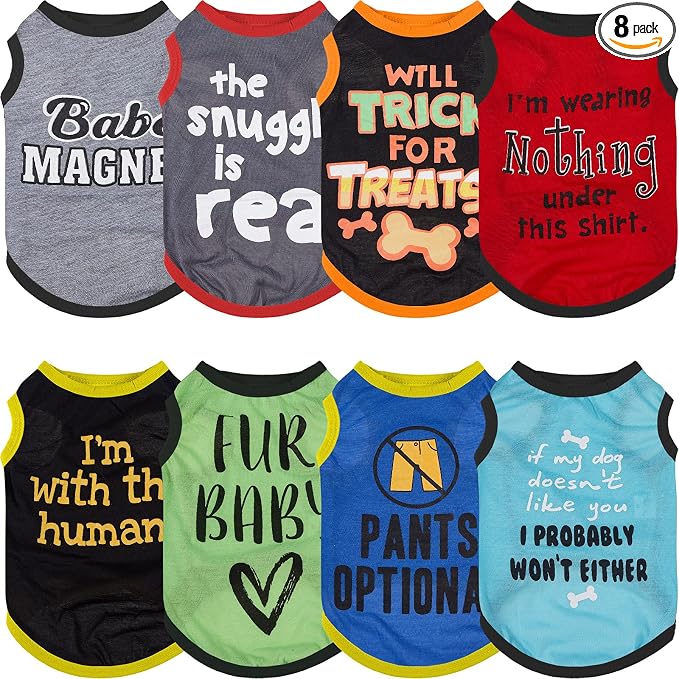 Saintrygo 8 Pieces Dog Shirts Pet Printed Clothes with Funny Letters Summer Pet T Shirts Cool Puppy Breathable Dog Outfit Soft Sweatshirt Cats(Classic Pattern,Large)