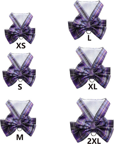 Plaid Dog Dress Bow Tie Harness Leash Set,Dog Clothes Harness Dress with Leash Ring for Small Dogs Girl, Puppy Princess Rabbit Clothes Chihuahua Yorkies Pet Outfits (Purple, X-Large)