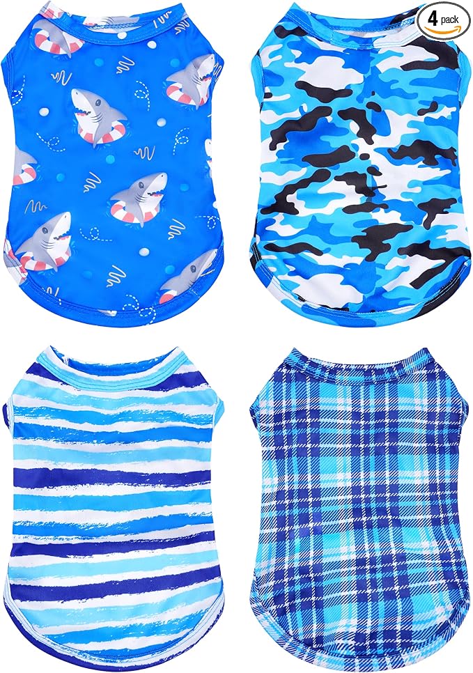 4 Pack Paw Bone Printed Dog Clothes Shirts Soft Vest Lightweight Sleeveless Cats Doggies T-Shirts Puppies Tank Top Tee for Small Medium Dogs White Black Pink Blue (Large, Blue for Boys)