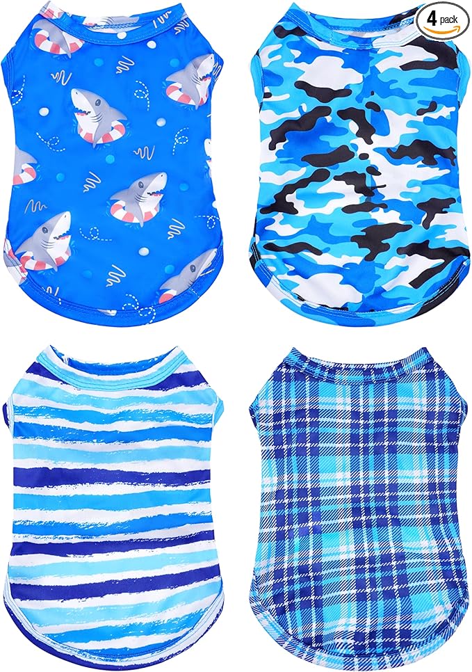4 Pack Paw Bone Printed Dog Clothes Shirts Soft Vest Lightweight Sleeveless Cats Doggies T-Shirts Puppies Tank Top Tee for Small Medium Dogs White Black Pink Blue (Small, Blue for Boys)