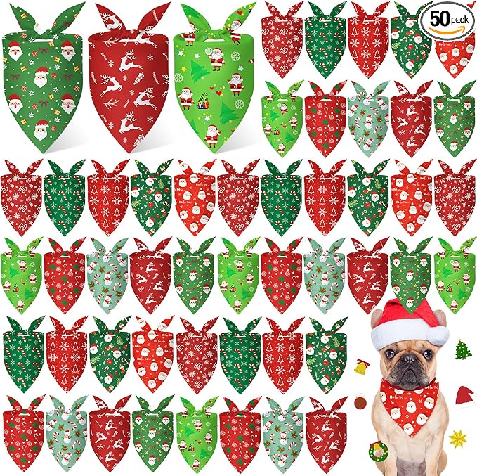 50 Pcs Christmas Bandanas for Dogs Xmas Bandanas Bulk with Santa Snowflake Candy Cane Soft Bibs Adjustable Triangle Doggie Scarf for Small Medium Large Pet (25.6 x 17.7 x 17.7 Inch)