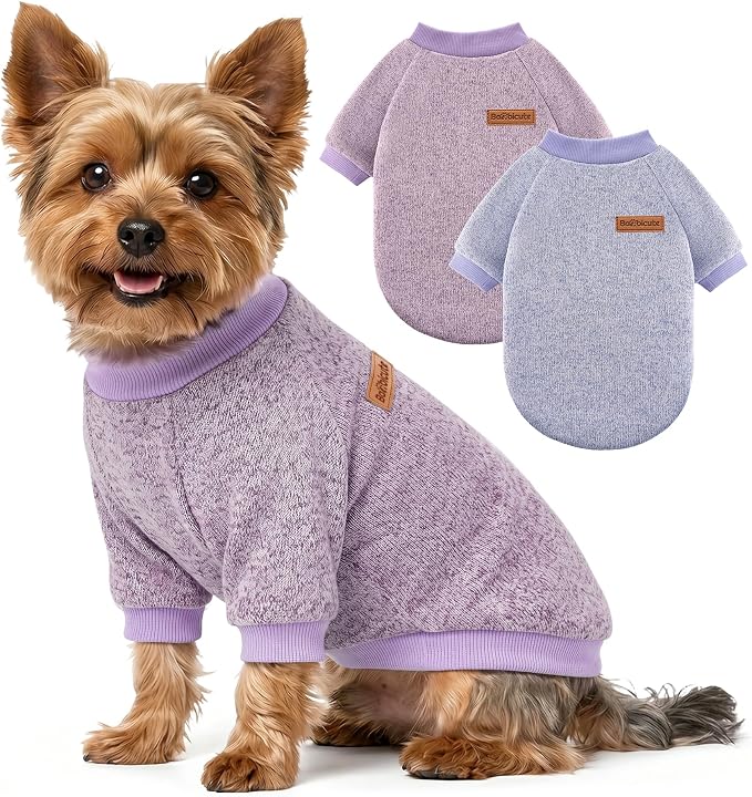 2 Pack Dog Sweaters for Small Dogs Girl Boy Winter Fleece Clothes Warm Soft Dog Sweatshirt Outfit for Dogs Cats Pet Apparel (Blue Purple+ Sweet Purple, L (Back: 15.7",Chest: 19.6",14-18Ibs))