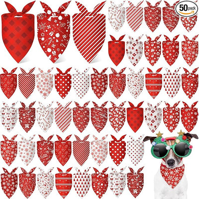 Abbylike 50 Pcs White and Red Dog Bandanas Bulk Polka Dots Stripes Snowflake Bandanas for Dog Triangle Kerchief Bibs Scarf for Pet Party Costume Photo Props Accessories, 25 Styles (25.6 x 17.7 x 17.7)
