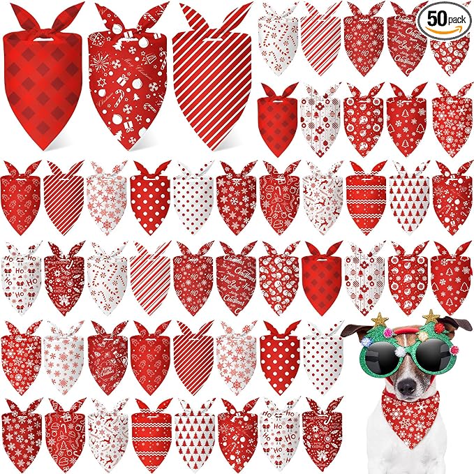 50 Pcs White and Red Dog Bandanas Bulk Polka Dots Stripes Snowflake Bandanas for Dog Triangle Kerchief Bibs Scarf for Pet Party Costume Photo Props Accessories, 25 Styles (25.6 x 17.7 x 17.7)