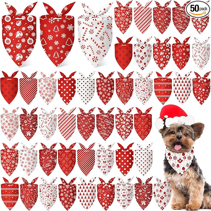 Abbylike 50 Pcs Valentines Day Dog Bandanas Bulk Red and White Polka Dots Stripes Bandanas for Dogs Triangle Kerchief Bibs Scarf for Pet Romantic Costume Photo Props Accessories(19.7 x 13.8 x 13.8)