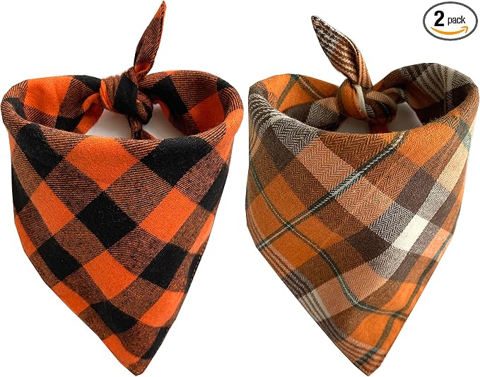 Fall Thanksgiving Dog Bandanas 2 Pack, Orange Plaid Pet Scarf for Boy and Girl, Premium Durable Fabric, Holiday Halloween Bandana for Large and Extra Large Dogs (X-Large)