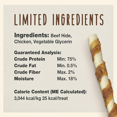 Cadet Gourmet 8-Inch Beef Hide Twist Chew Sticks, Long-Lasting and Natural Rawhide Chews for Dogs, Inspected & Tested in USA, Chicken Flavor, 6 Count