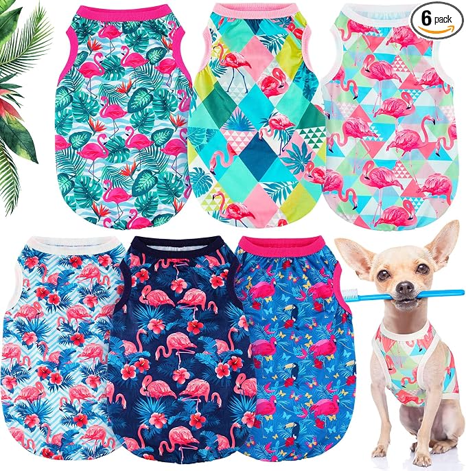 Kajaia 6 Pack Summer Flamingo Dog Shirts, Hawaiian Tropical Tank Tops Clothes Outfit for Dogs Luau Pool Summer Party Costume Cute Sleeveless Pet Apparel for Chihuahua Puppy Toy Breeds Cats(Small)