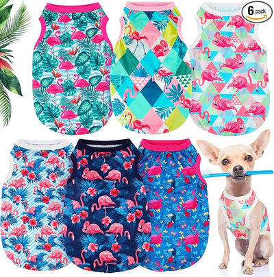 Kajaia 6 Pack Summer Flamingo Dog Shirts, Hawaiian Tropical Tank Tops Clothes Outfit for Dogs Luau Pool Summer Party Costume Cute Sleeveless Pet Apparel for Chihuahua Puppy Toy Breeds Cats(Small)