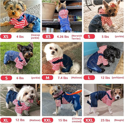 Small Dog Hoodie Clothes Cute Stripe Shirts Denim Jumpsuit One-Piece Outfit for Small Medium Dogs Cats Boy Girl Chihuahua Blue Jeans Overalls Puppy Costume (Red,L)
