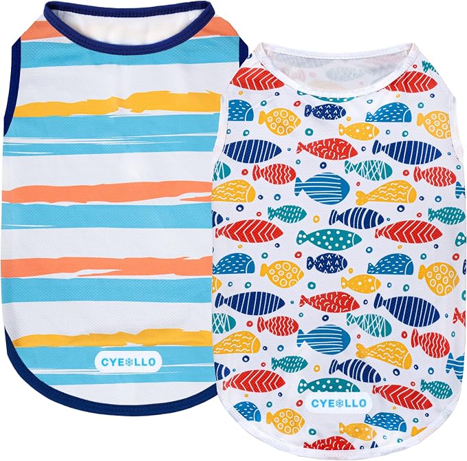 cyeollo 2pack Dog Cooling Shirt, Breathable Sleeveless Summer Clothes for Dogs, Intant Cool T Shirts for Small Dogs, Blue Fish S