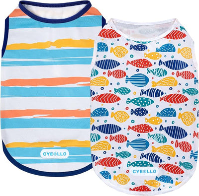 cyeollo 2pack Dog Cooling Shirt, Breathable Sleeveless Summer Clothes for Dogs, Intant Cool T Shirts for Small Dogs, Blue Fish S