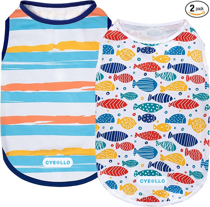 2pack Dog Cooling Shirt, Breathable Sleeveless Summer Clothes for Dogs, Intant Cool T Shirts for Small Dogs, Blue Fish L