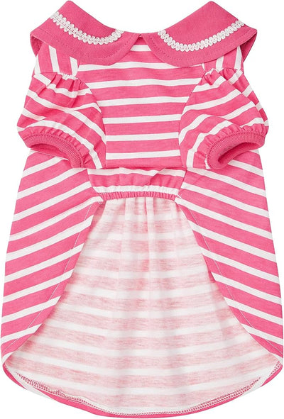 Blueberry Pet Sea Lover Rose Pink Striped Cotton Blend Dog Dress with Bowtie, Back Length 12", Pack of 1 Clothes for Dogs