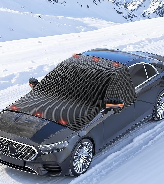 Windshield Snow Cover,Oxford Fabric Winter Frost Cover with Side Window and Rearview Mirror Protector, Extra Large Magnetic Frost Guard Windshield Cover for Most Cars,SUV,Sedan,Truck (Orange)