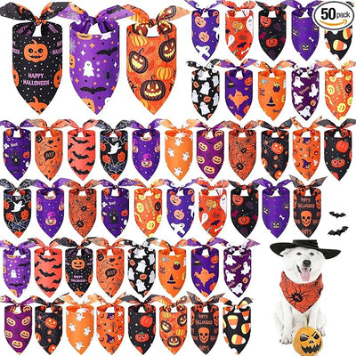 Abbylike 50 Pcs Halloween Dog Bandanas Bulk Pumpkin Bandanas for Dogs Triangle Kerchief Bibs Scarf Set for Pet Halloween Costume Photo Props Accessories Pet Shops, 25 Styles (25.6 x 17.7 x 17.7")