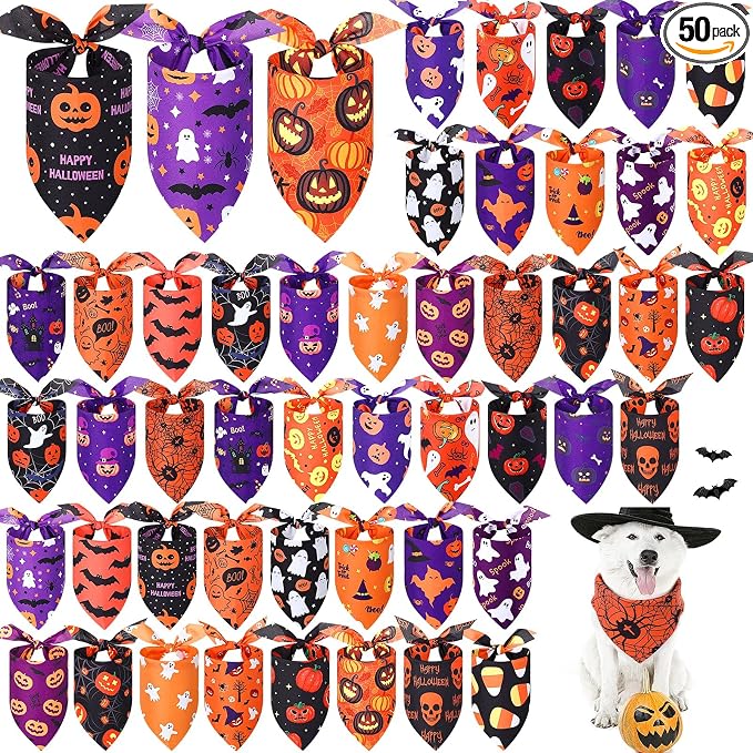 50 Pcs Halloween Dog Bandanas Bulk Pumpkin Bandanas for Dogs Triangle Kerchief Bibs Scarf Set for Pet Halloween Costume Photo Props Accessories Pet Shops, 25 Styles (25.6 x 17.7 x 17.7")