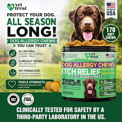 Vet Treat Dog Allergy Relief Chews - 170 Dog Allergy Chews - Itch Relief for Dogs - Anti Itch for Dogs - Dry & Itchy Skin - Allergies & Immune Support Supplement, Omega 3, Fish Oil, Colostrum - USA