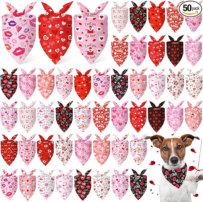 50 Pcs Valentines Day Dog Bandanas Bulk Red and Pink Bandanas for Dogs Triangle Kerchief Bibs Scarf for Pet Romantic Costume Photo Props Accessories Pet Shops Groomers (25.6 x 17.7 x 17.7)