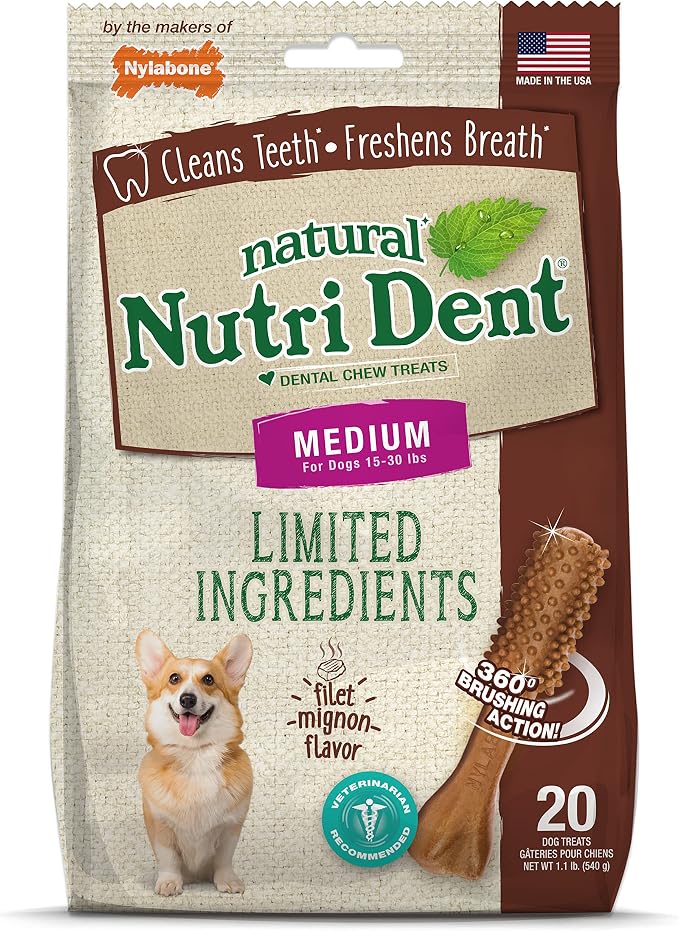 Nutri Dent Dog Dental Chews - Natural Dog Teeth Cleaning & Breath Freshener - Dental Treats for Dogs - Filet Mignon Flavor, Medium (20 Count)