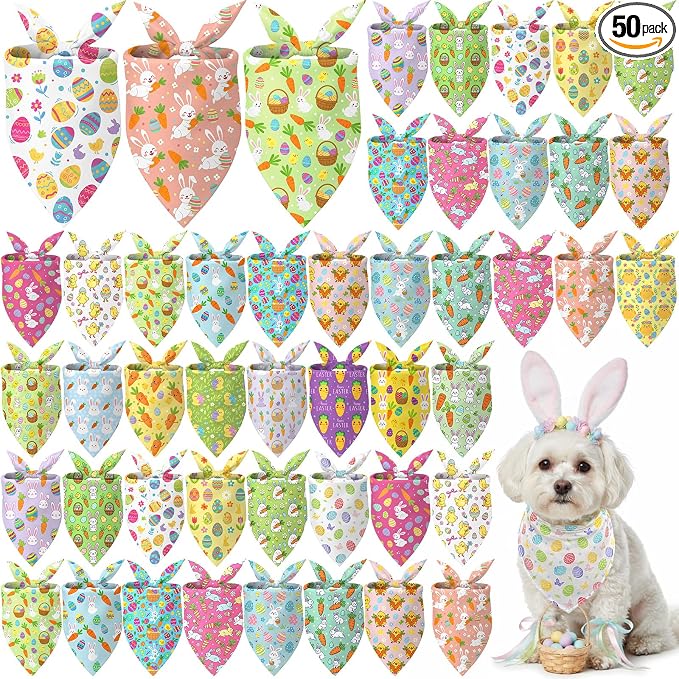 50 Pcs Spring Dog Bandanas Bulk Bunny Egg Carrot Bandanas for Dogs Triangle Kerchief Bibs Scarf Set for Pet Easter Costume Photo Props Accessories Pet Shops, 25 Styles (19.7 x 13.8 x 13.8)