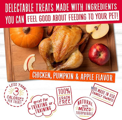 Charlee Bear Crunchy Dog Training Treats, Low Calorie (3 Kcal), Grain Free Natural Mini Treats for Puppies, Small, Medium & Large Dogs, USA Made, Healthy Chicken, Pumpkin & Apple Flavor 8oz (2-Pack)