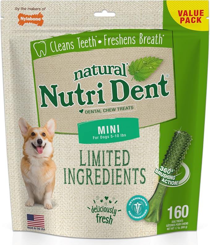 Nutri Dent Natural Dental Chews for Dogs, Limited Ingredient Dog Treats Made in the USA, Clean Teeth & Fresh Breath, Healthy Dog Chews, Fresh Breath Flavor, For X-Small Dogs, (160 Count)