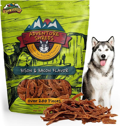 Adventure Shreds Bison & Bacon Dog Treats, Soft & Thin Dog Treats for Training & Rewards, Grain-Free Snacks for Pets of All Breeds and Ages - 2.5 Ounce Pouch