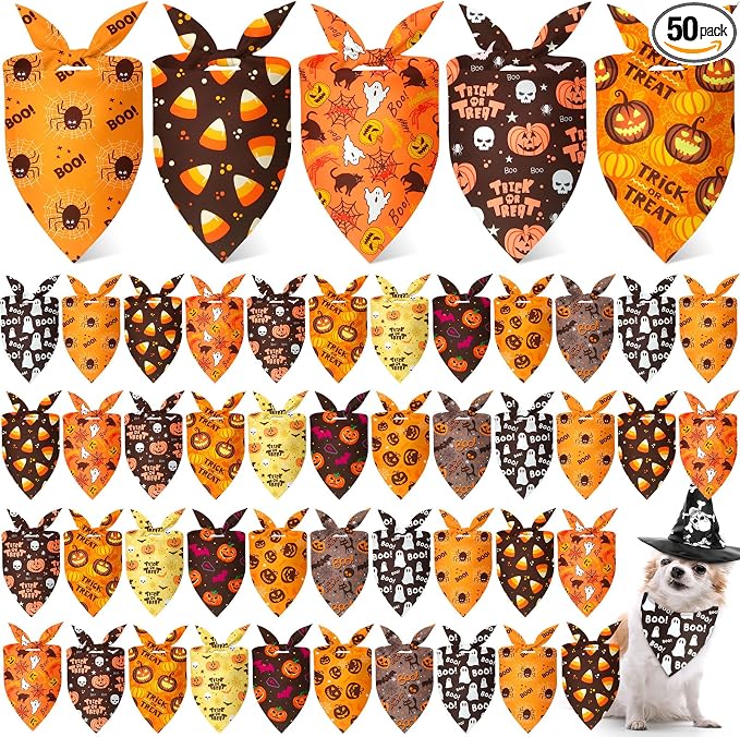 50 Pcs Halloween Dog Bandanas Bulk Pumpkin Ghost Bandanas for Dogs Soft Triangle Bibs Adjustable Triangle for Small Medium Large Pets Halloween Party Costume(25.6 x 17.7 x 17.7 inch)