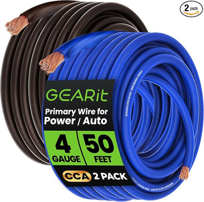 GEARit 4 Gauge Wire (50ft Each - Black/Blue Translucent) Copper Clad Aluminum CCA - Primary Automotive Wire Power/Ground, Battery Cable, Car Audio Speaker, RV Trailer, Amp, Electrical 4ga AWG 50 Feet