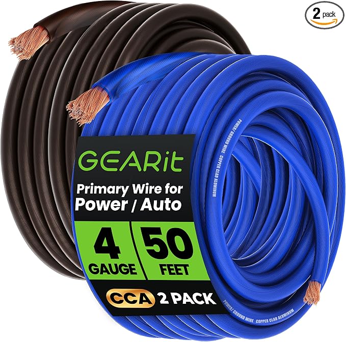 4 Gauge Wire (50ft Each - Black/Blue Translucent) Copper Clad Aluminum CCA - Primary Automotive Wire Power/Ground, Battery Cable, Car Audio Speaker, RV Trailer, Amp, Electrical 4ga AWG 50 Feet